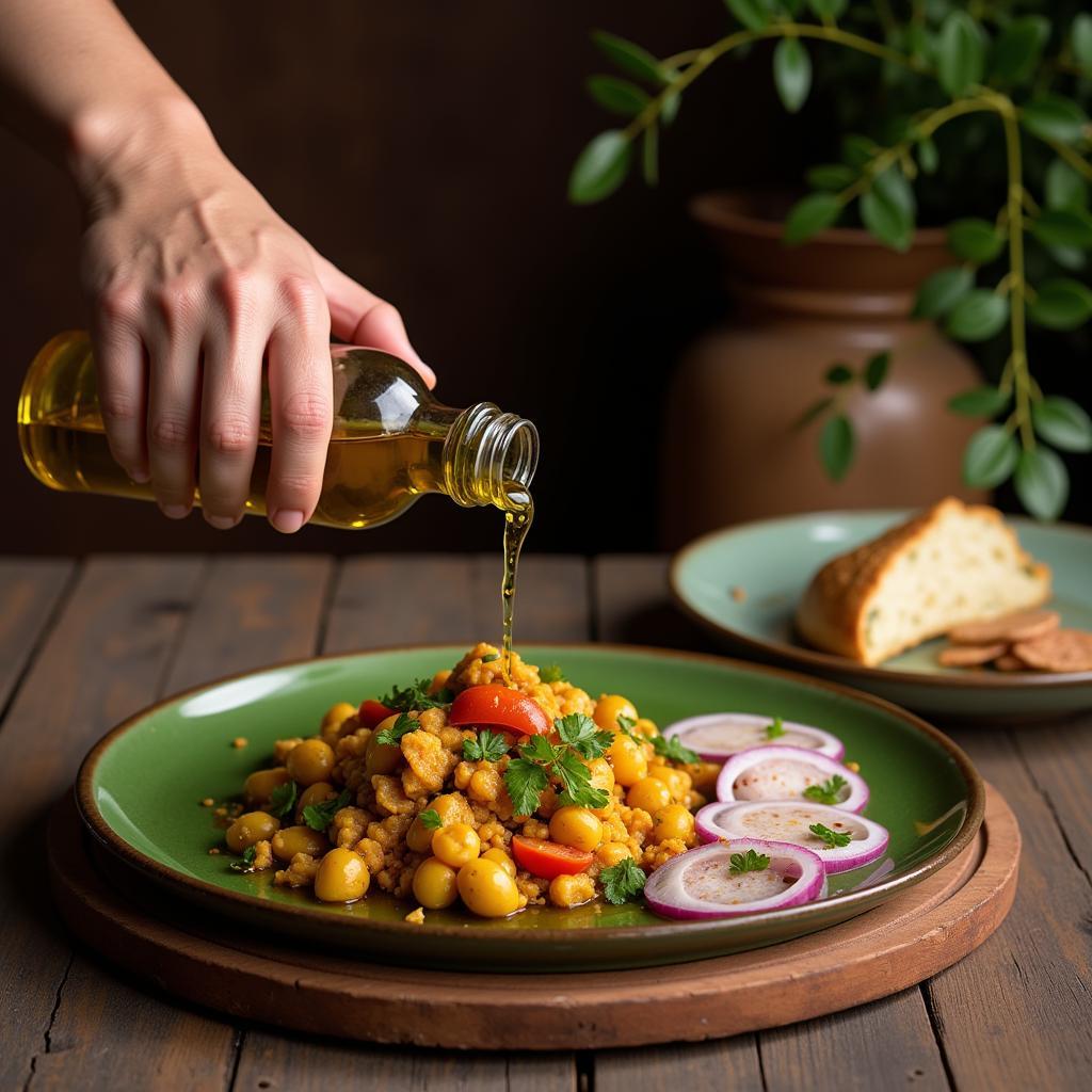 Pouring Extra Virgin Olive Oil onto a Pakistani Dish