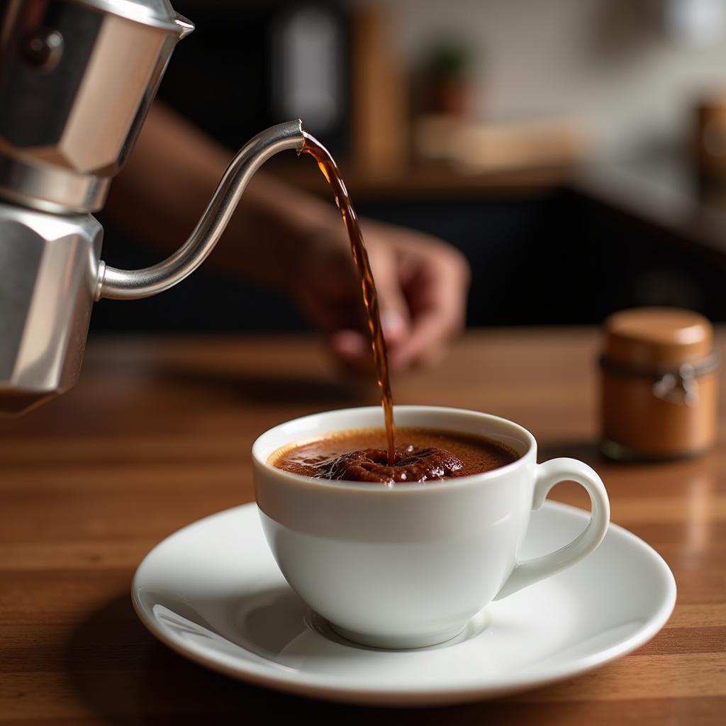 Pouring freshly brewed moka pot coffee into a cup