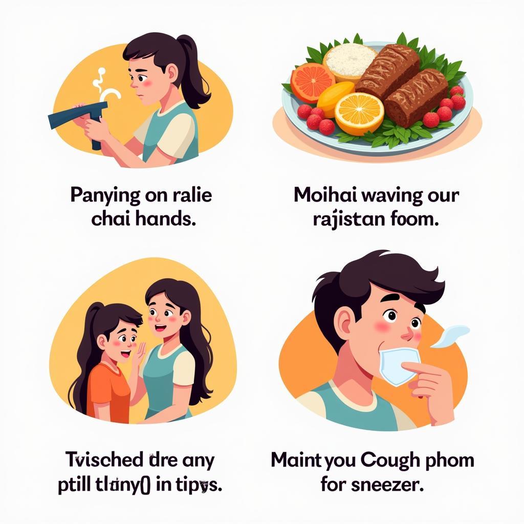 Visual representation of preventing tonsillitis in Pakistan: handwashing, healthy food, and avoiding sick people.