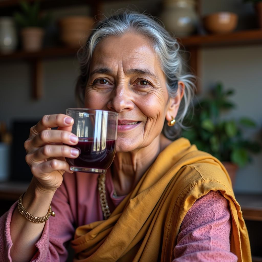 Senior Woman Drinking Prune Juice