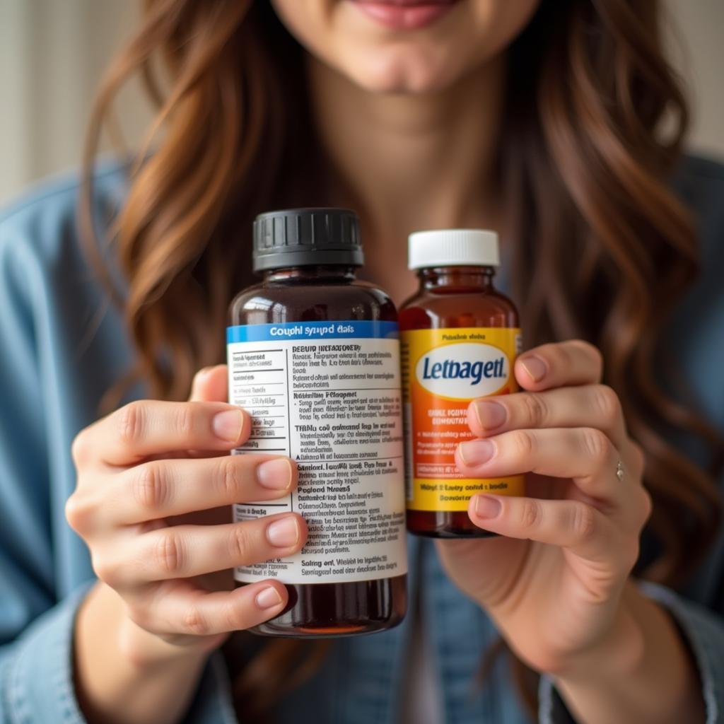 Person carefully reading the label of a cough syrup bottle