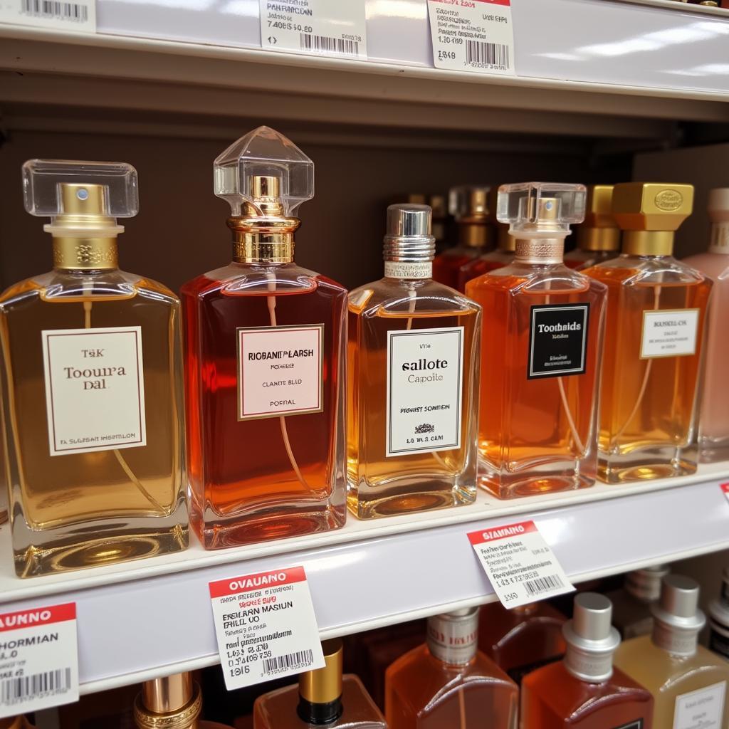 Romantic perfume bottles displayed on a shelf