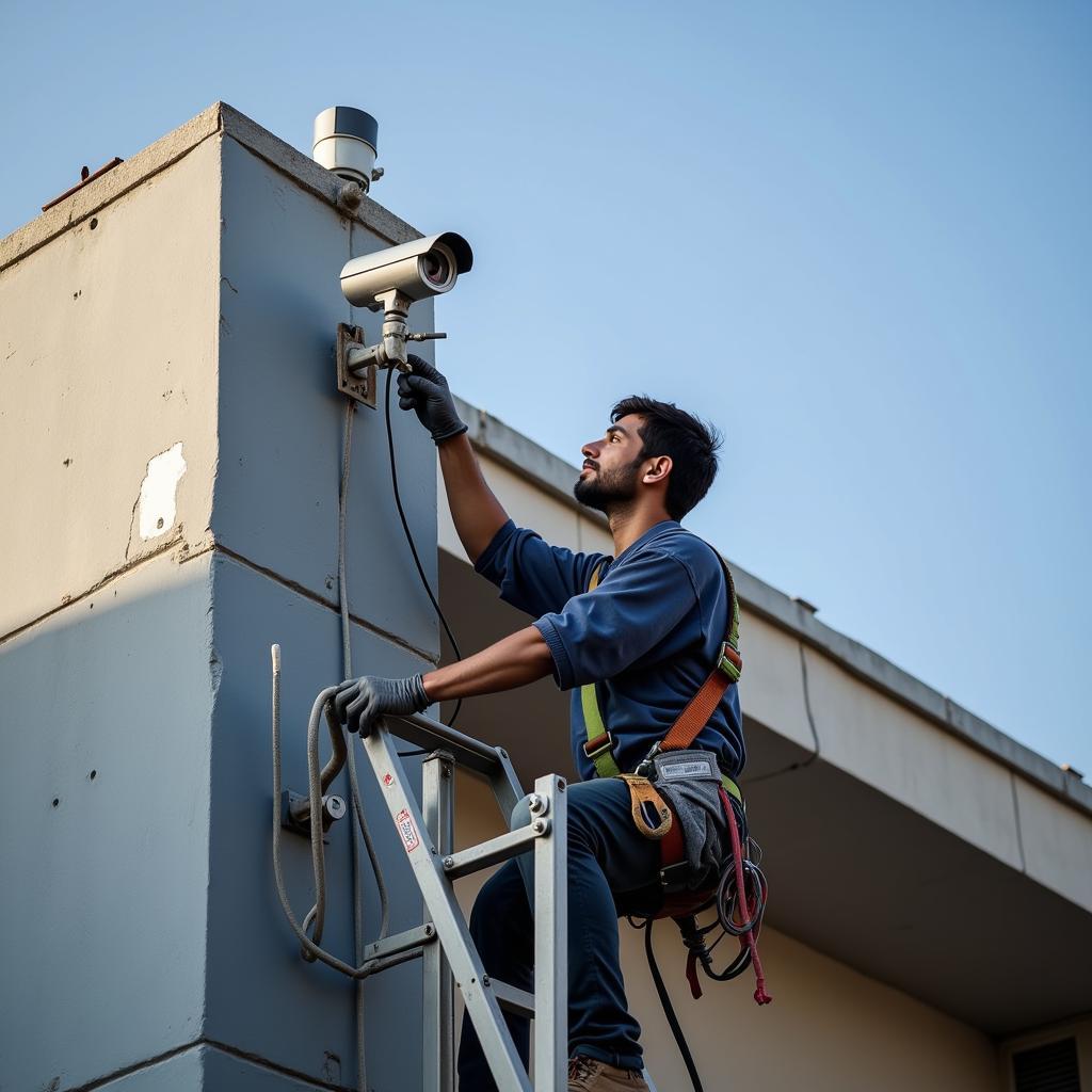 Technician installing a security camera on the roof of a building in Pakistan