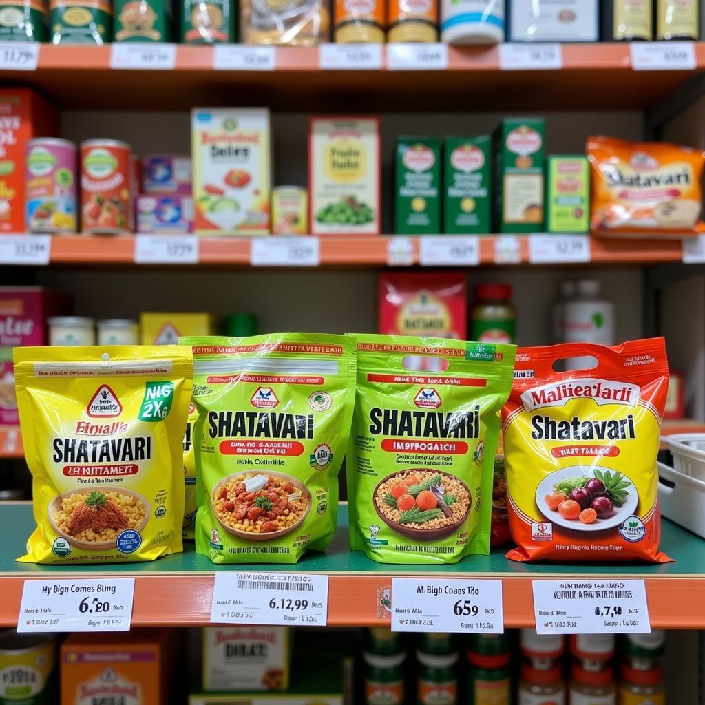 Various shatavari products with price tags in a Pakistani pharmacy