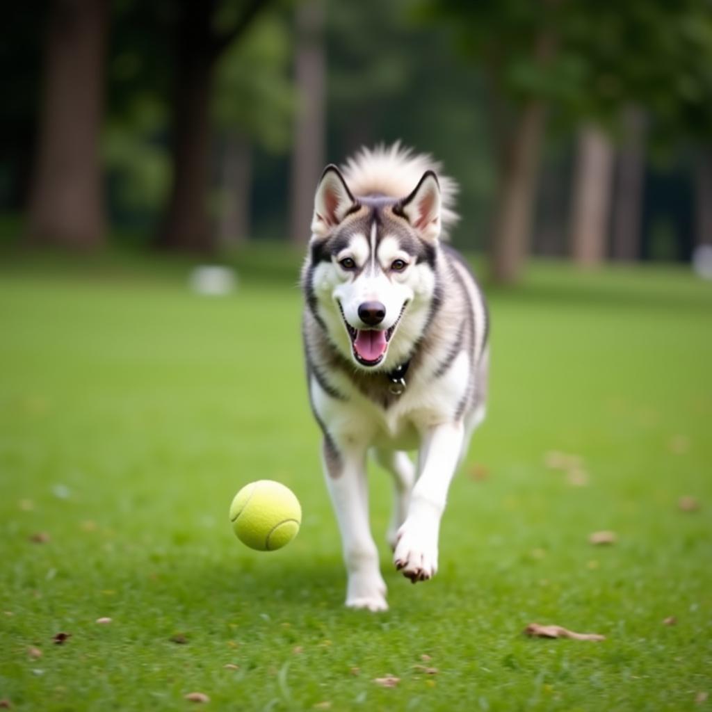 Siberian Husky playing fetch in a park in Pakistan