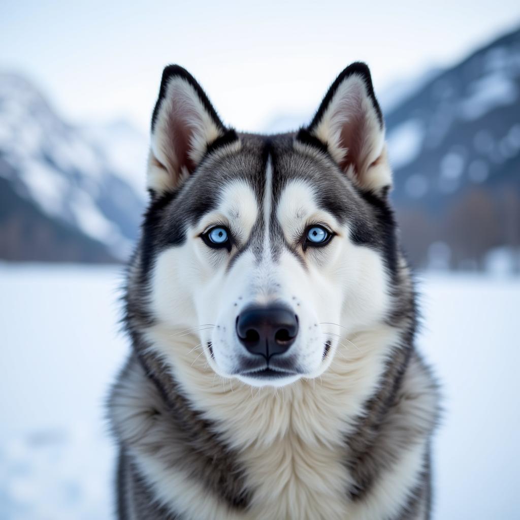 Siberian Husky with thick winter coat in a snowy Pakistani landscape