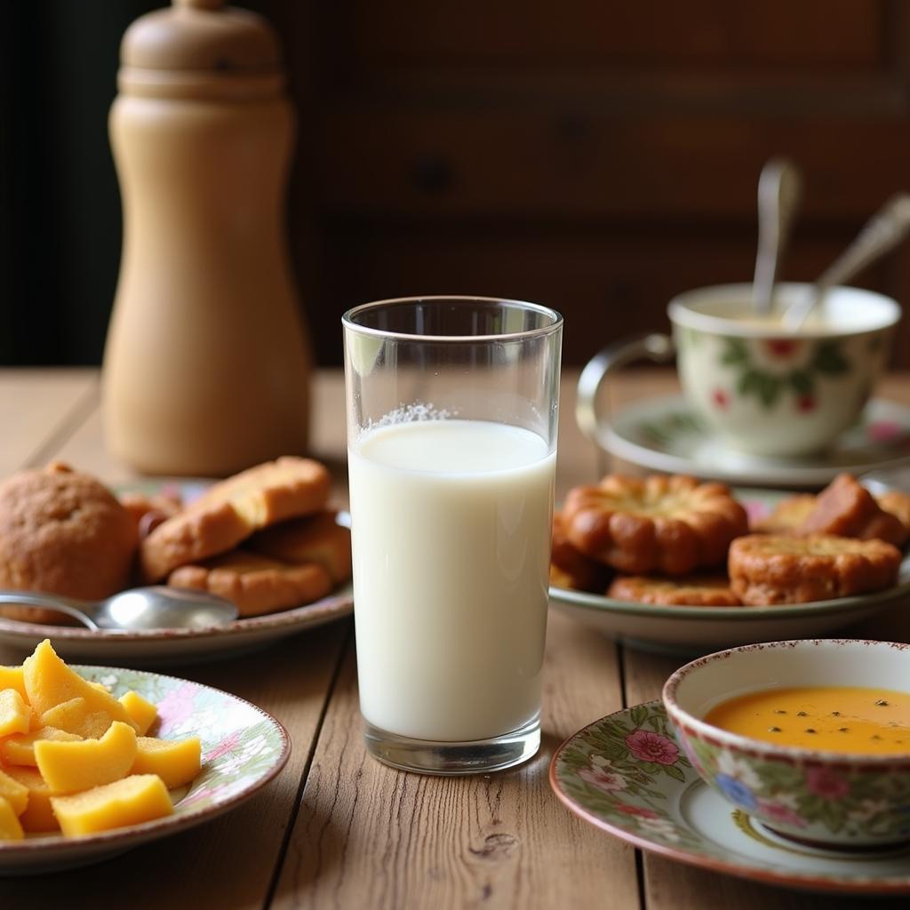 Skimmed Milk in a Glass with Pakistani Breakfast Spread