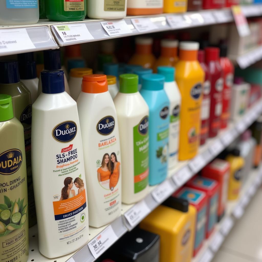 SLS-free shampoo bottles on a shelf in a Pakistani store