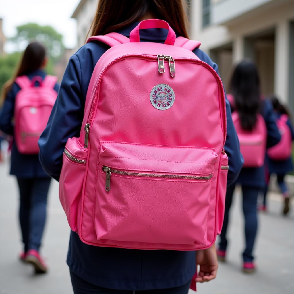 Smiggle Backpack in Pakistan: A student carrying a vibrant pink Smiggle backpack in a Pakistani school.