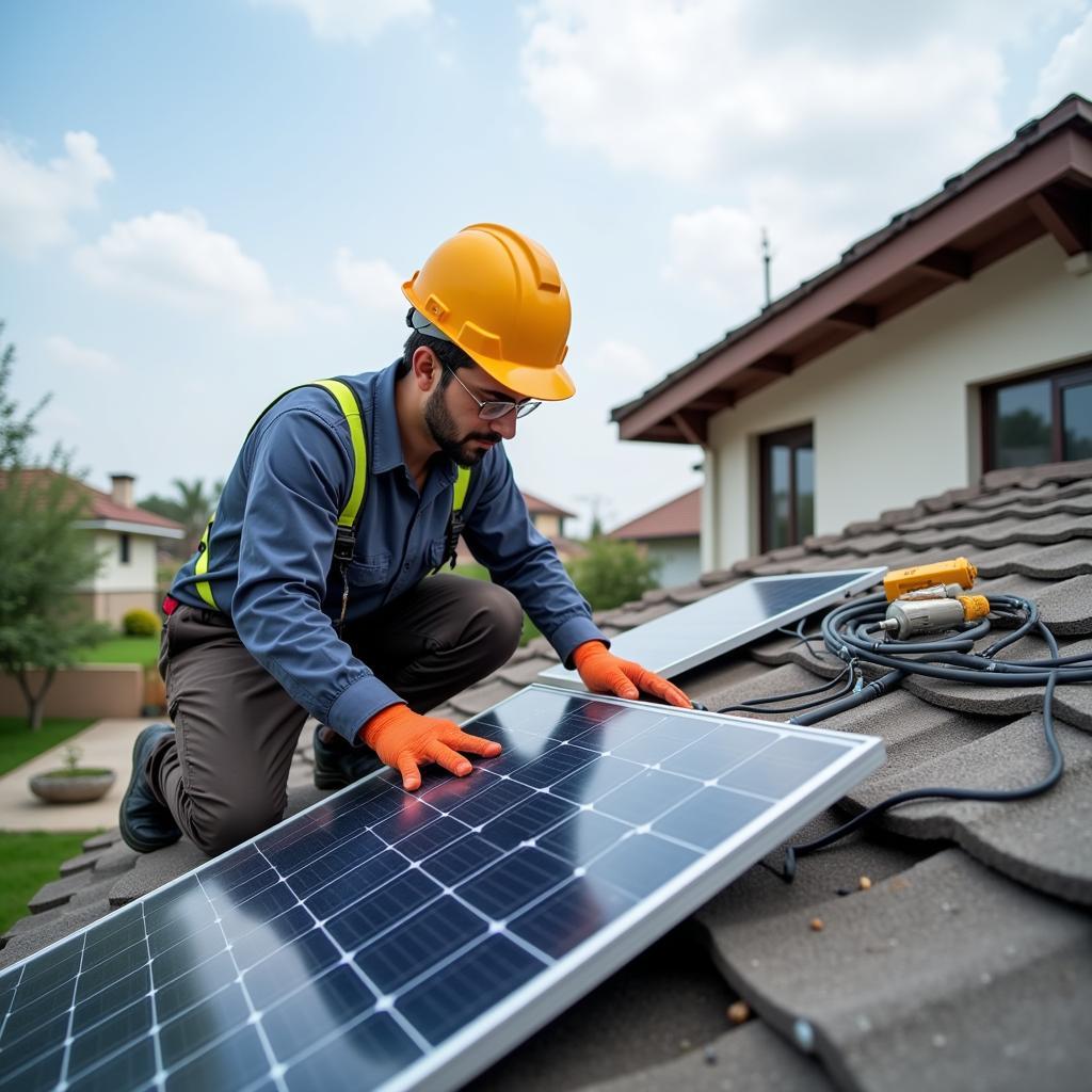 A technician installing solar panels on a rooftop in Pakistan