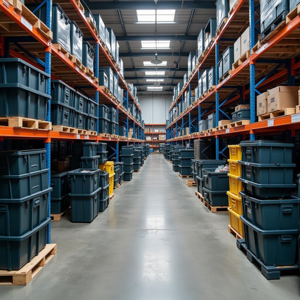 Stackable Plastic Storage Boxes in a Pakistani Warehouse