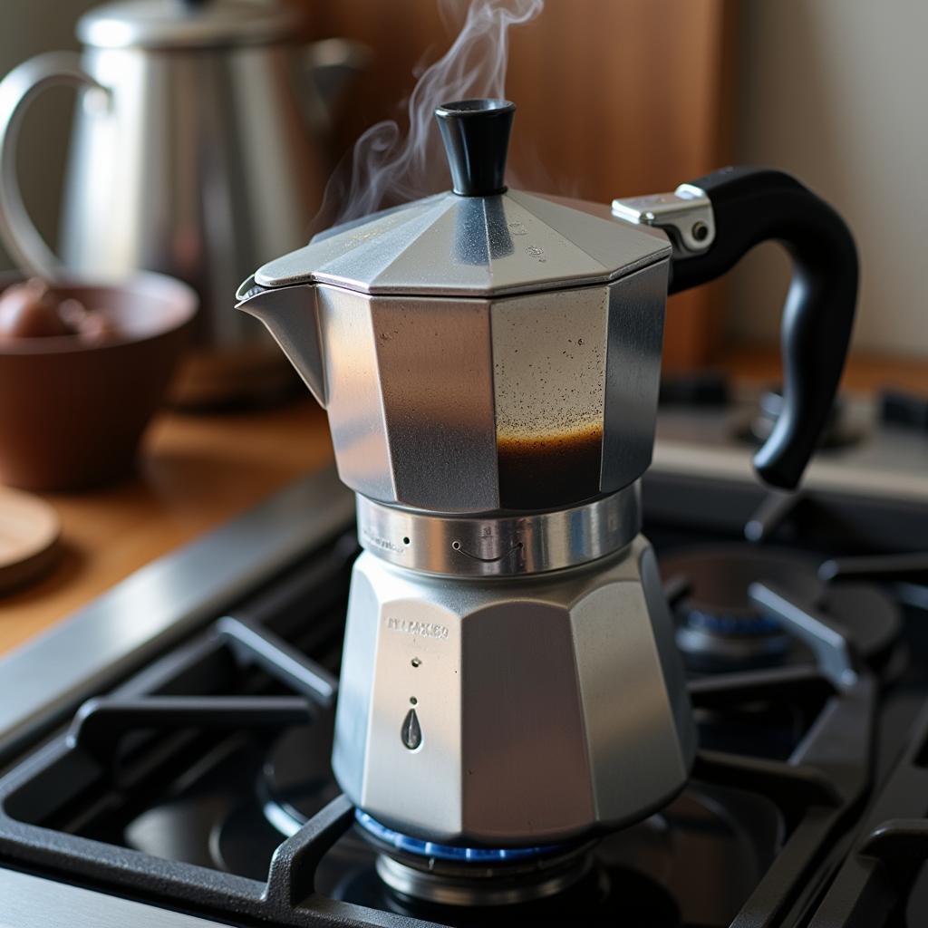 Stainless steel moka pot brewing coffee on a gas stove