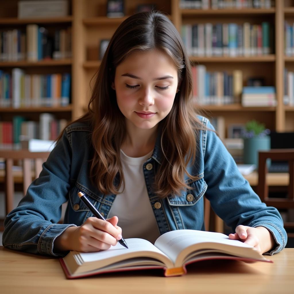 Student Studying Cambridge IELTS Book in Library