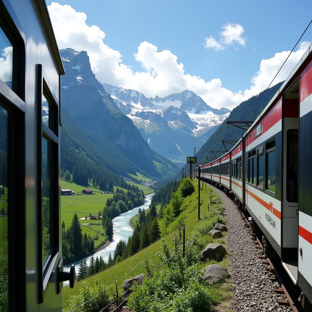 Swiss train journey through a scenic route with snow-capped mountains and green valleys