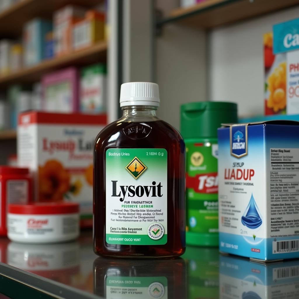 Syrup Lysovit bottle in a Pakistani pharmacy