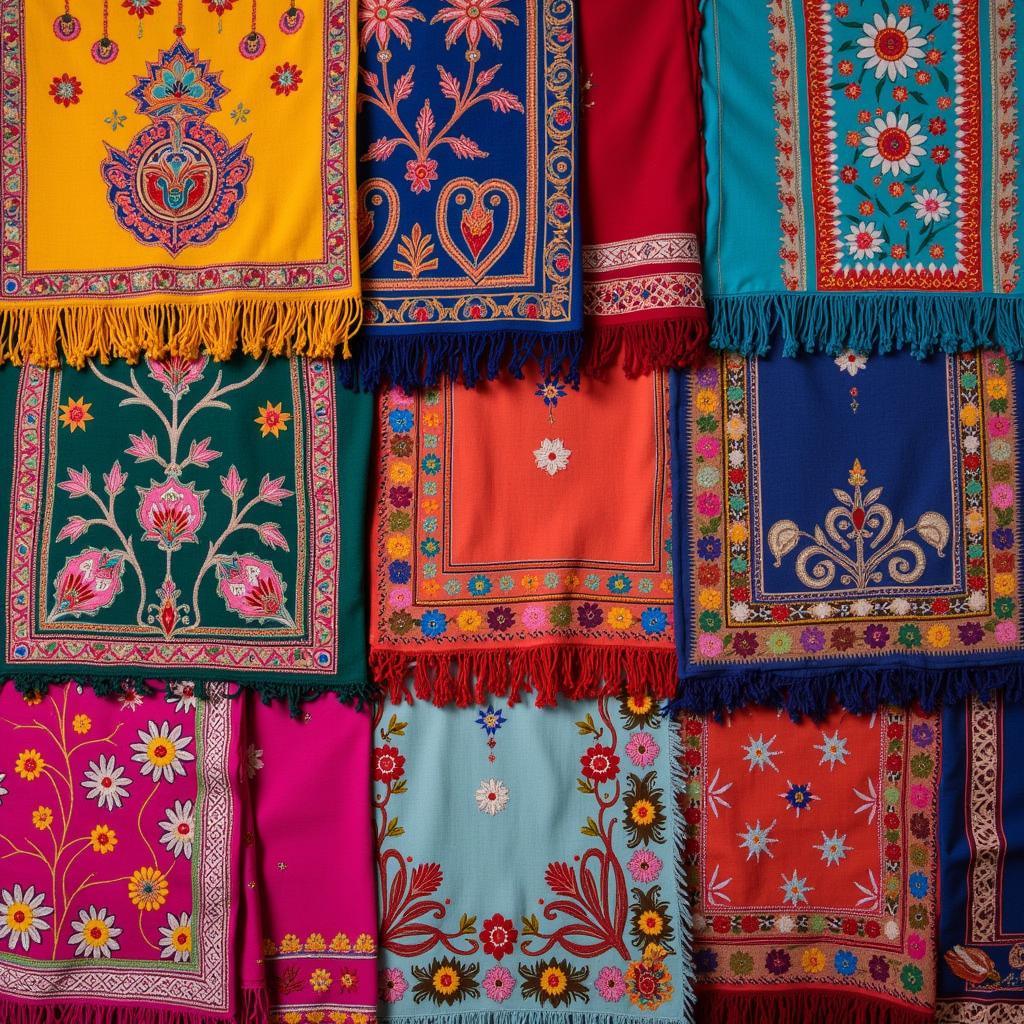 A display of various Pakistani embroidered shawls, showcasing different regional styles and embroidery techniques, including Phulkari and Kashmiri embroidery.