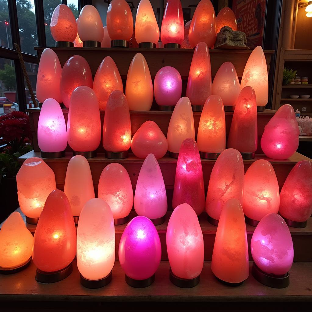 Various sizes and shapes of Himalayan pink salt lamps for sale in a Pakistani market