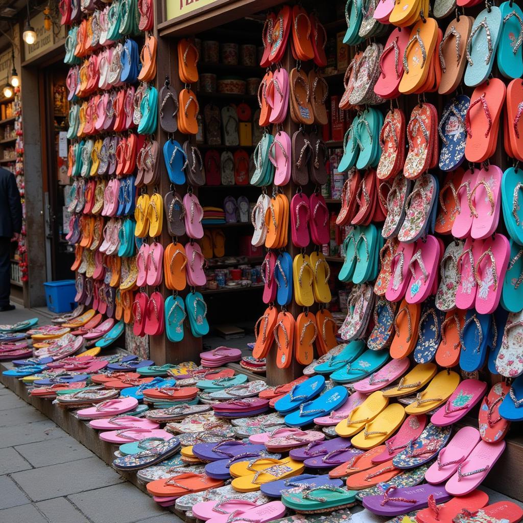 Display of colorful flip flops in a typical Pakistani market