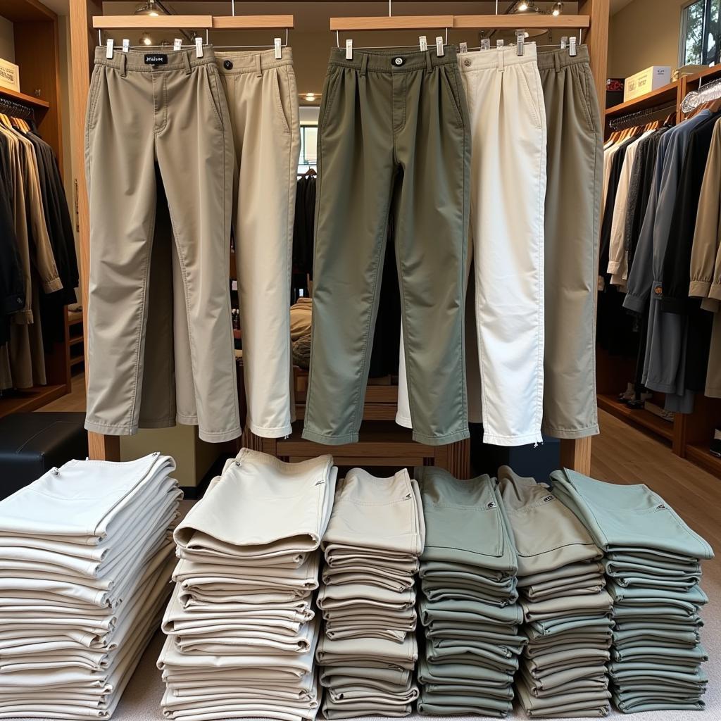 Various Khaki Pants Displayed in a Pakistani Shop