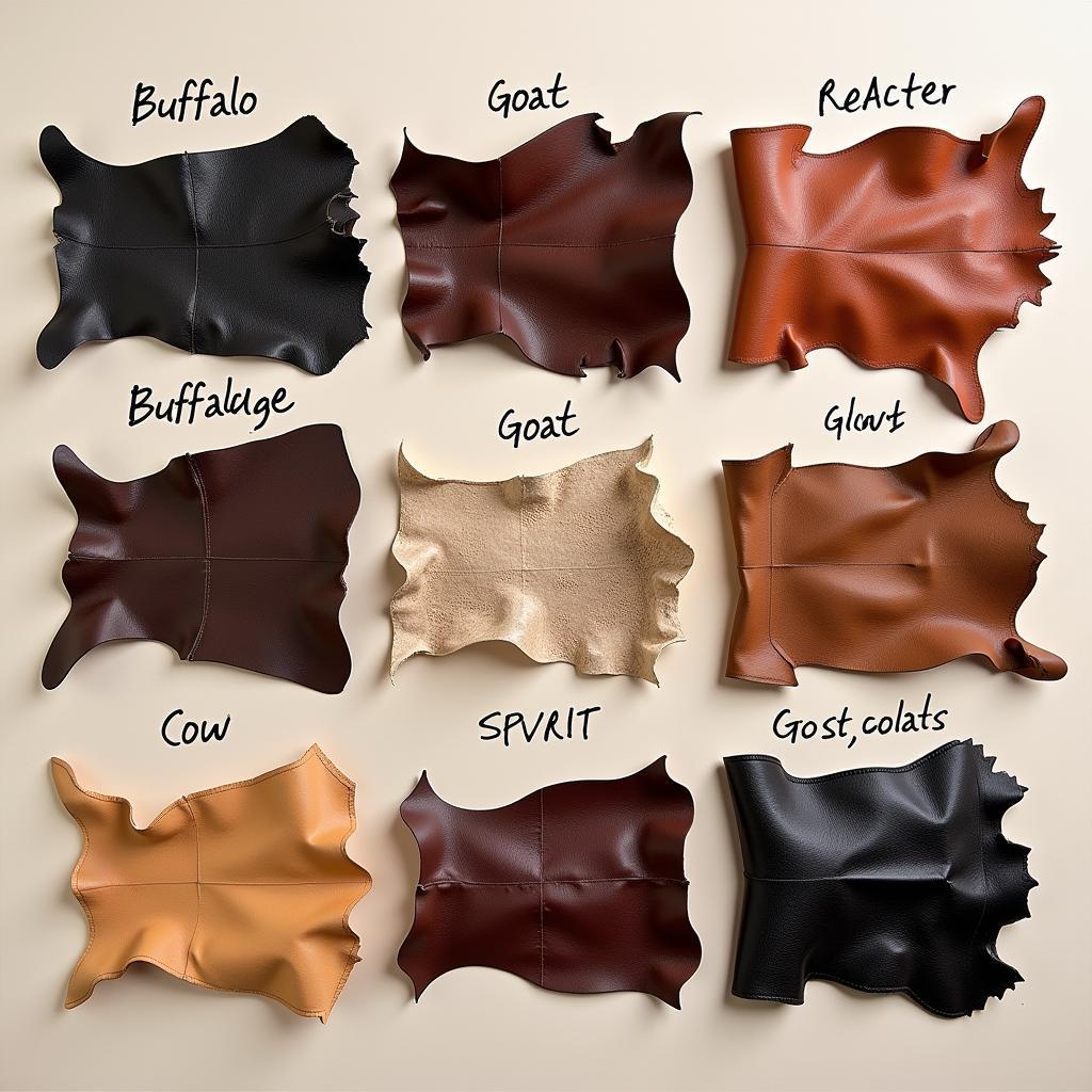 Different types of leather used in Pakistani shoemaking: buffalo, goat, cow.