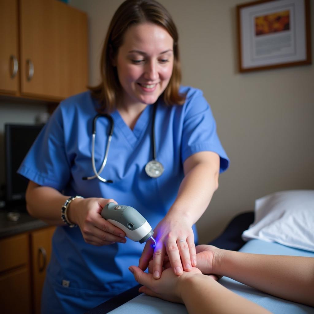 Vein finder used by a nurse on a patient's arm in a hospital setting