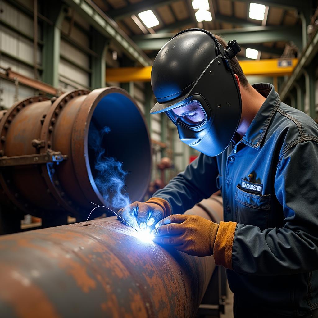 Welder Inspecting Pipeline