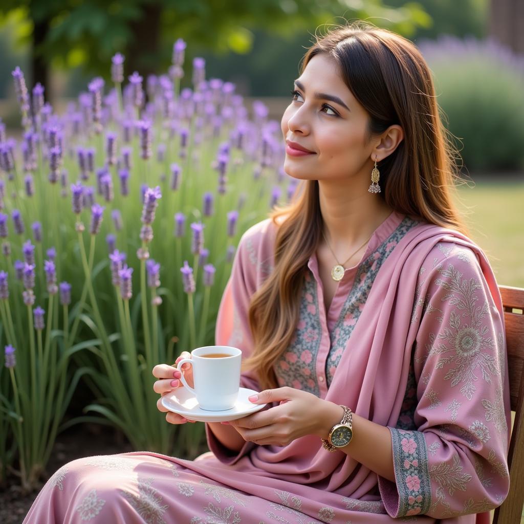 A woman enjoying a cup of lavender tea in a traditional Pakistani setting.