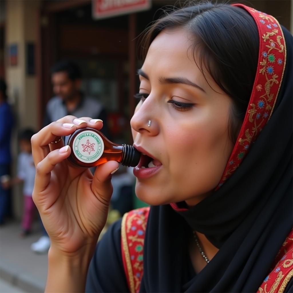 A Woman Smelling Al Rehab Attar in Pakistan