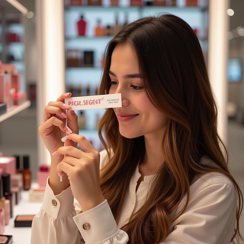 Woman testing body spray scent in Pakistan