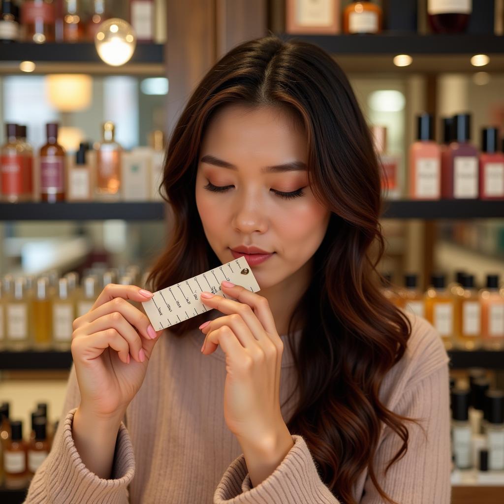 Woman smelling perfume tester strip in a perfume shop