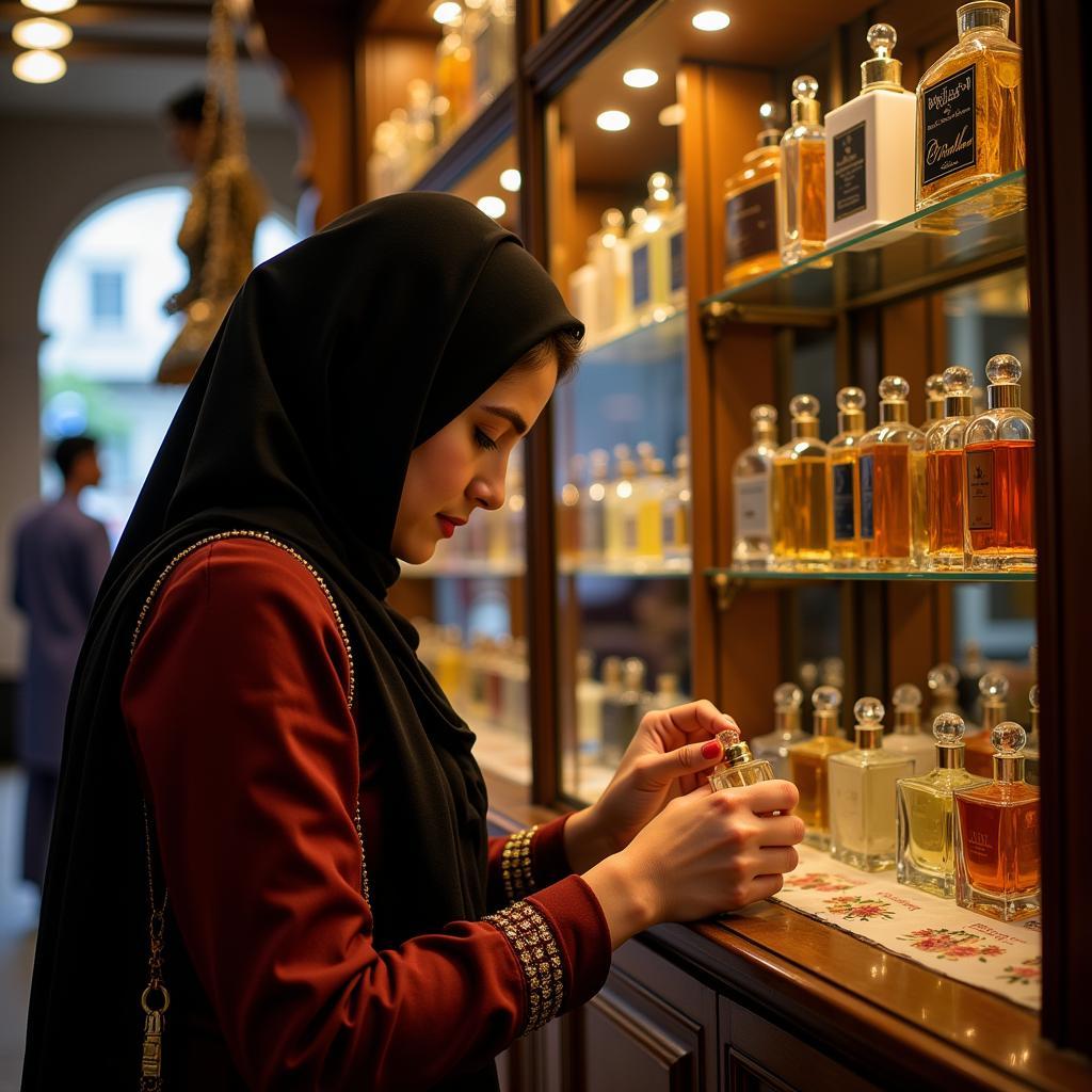 A Woman Testing a Perfume in a Pakistani Shop