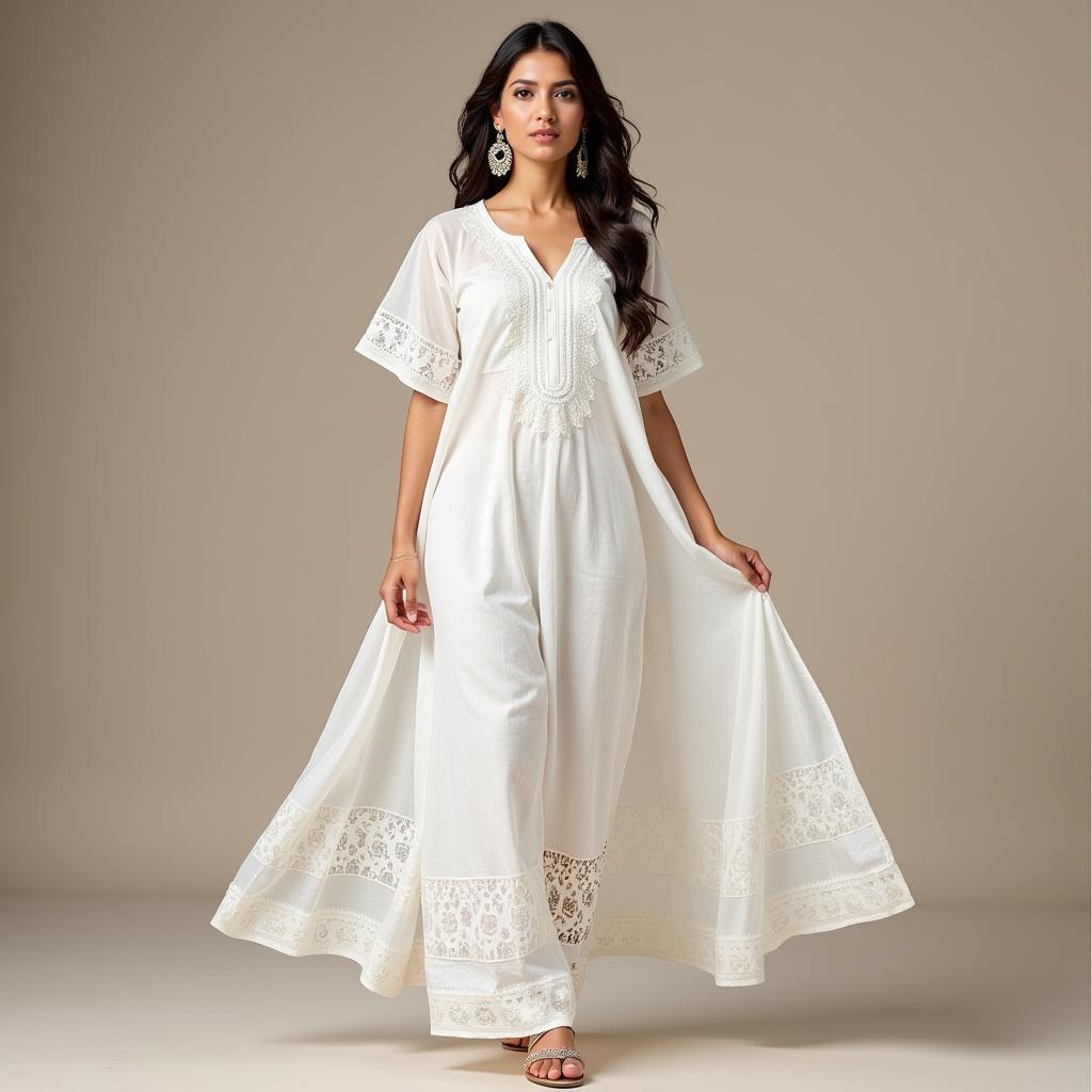 A woman gracefully wearing a white chikankari dress