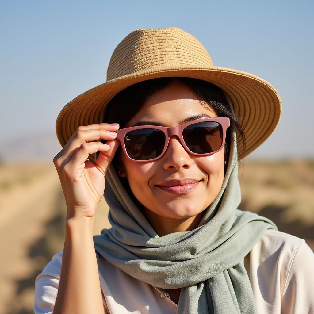 Woman wearing sun protection gear in Pakistan