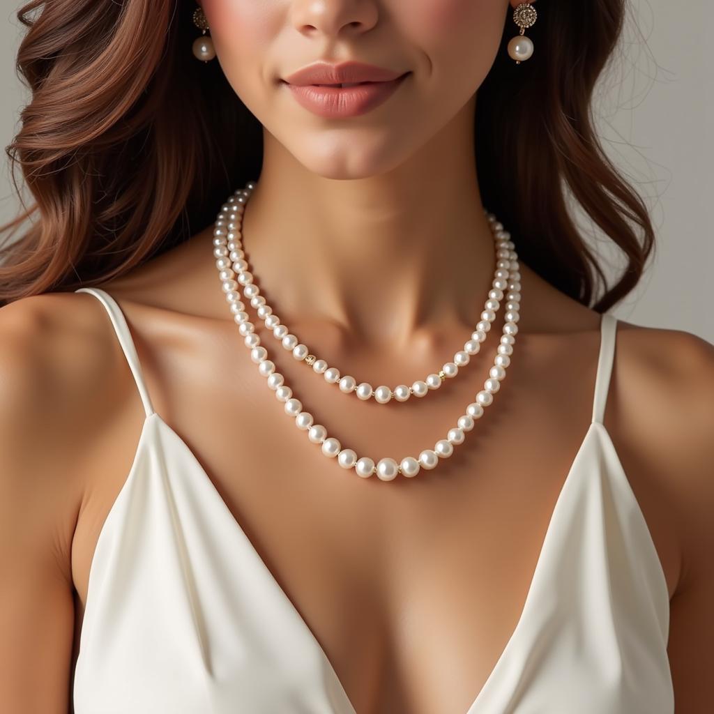 Woman wearing a pearl necklace: Elegant woman showcasing a beautiful pearl necklace