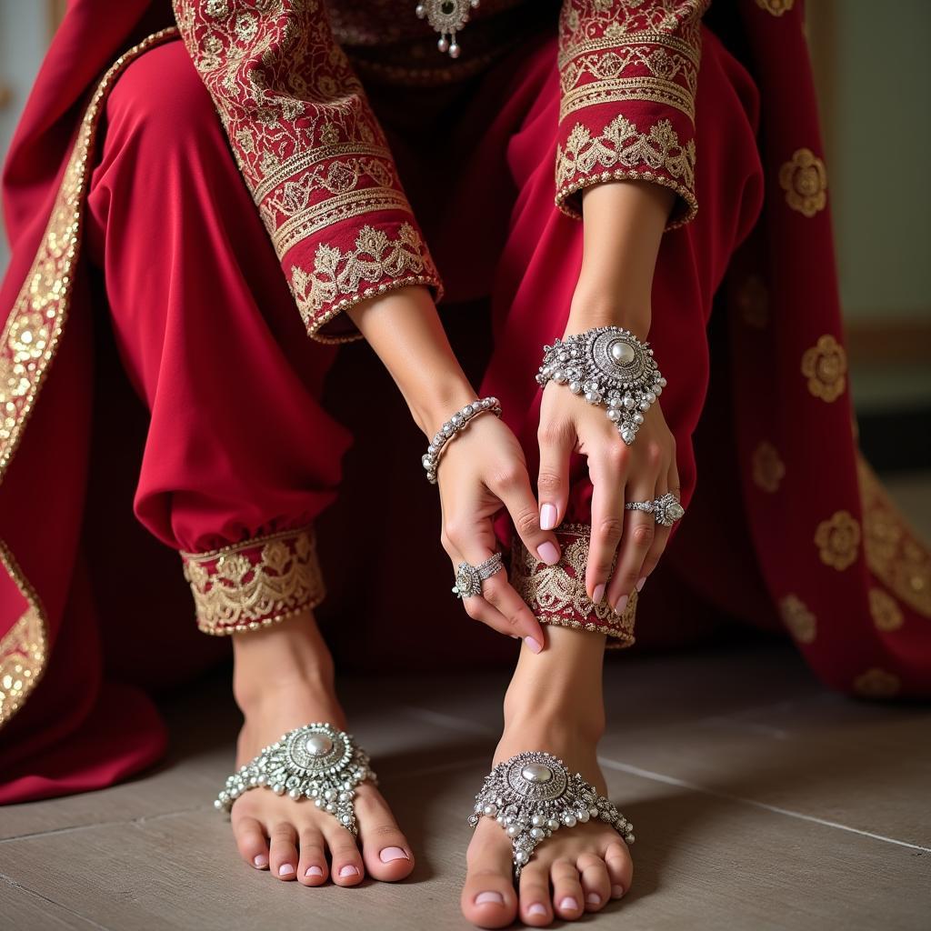 A Woman Wearing Traditional Silver Payal