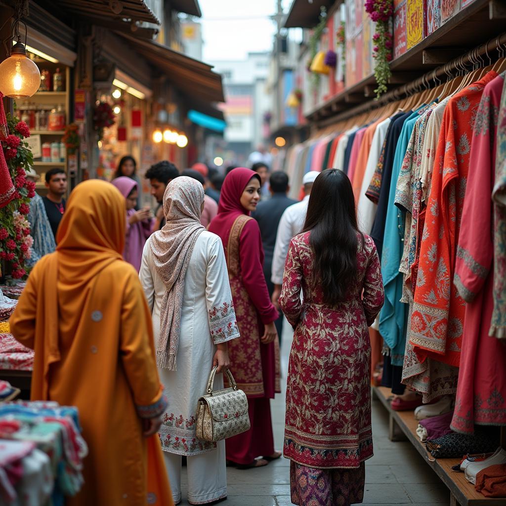 Women Shopping for Lawn Suits in a Pakistani Market