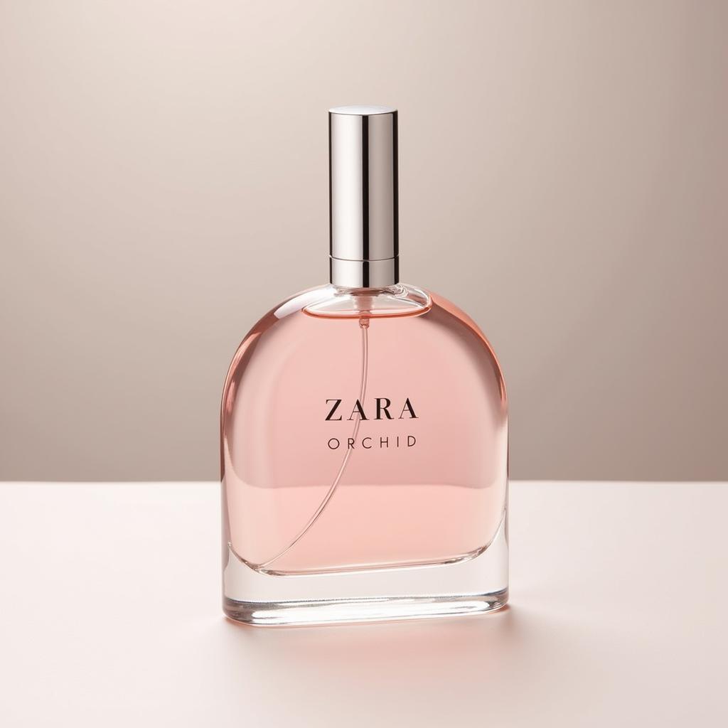 Close-up of a Zara Orchid perfume bottle, showcasing its elegant design and soft pink hue.