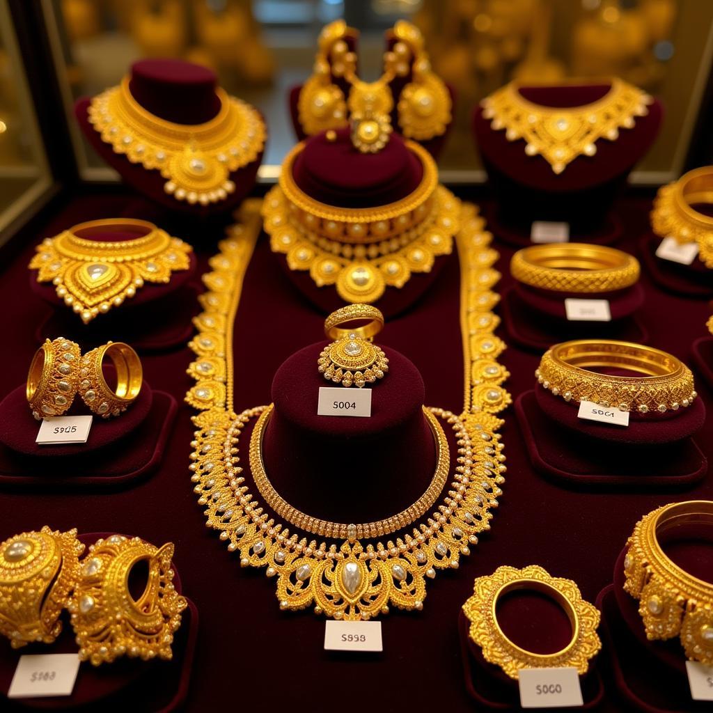 18 carat gold jewelry displayed in a Pakistani shop, showcasing various designs and styles available in the market.