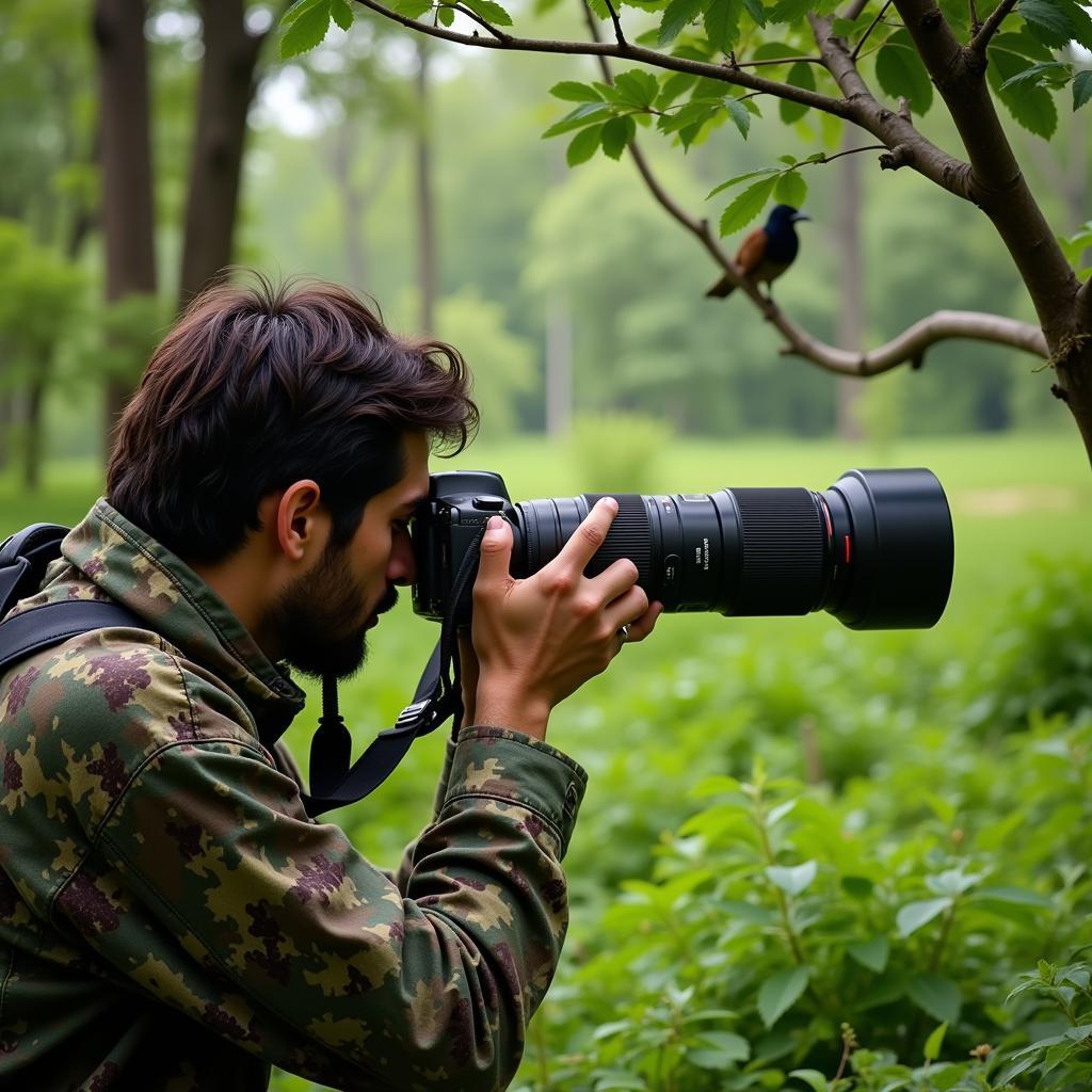 Wildlife photographer using a 55-300mm lens in a national park in Pakistan