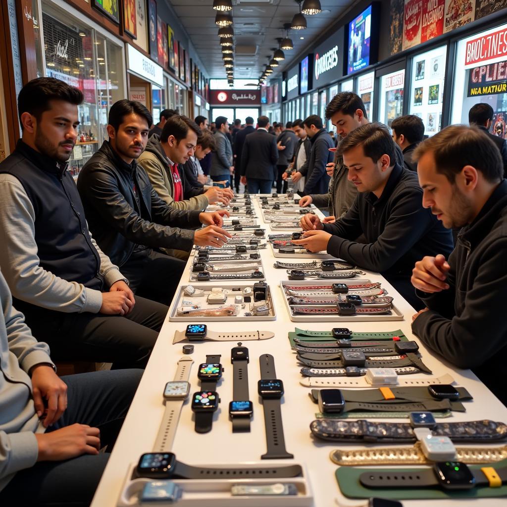 Apple Watch Series 3 in Pakistan: A bustling market scene with vendors displaying various Apple Watch models and accessories.