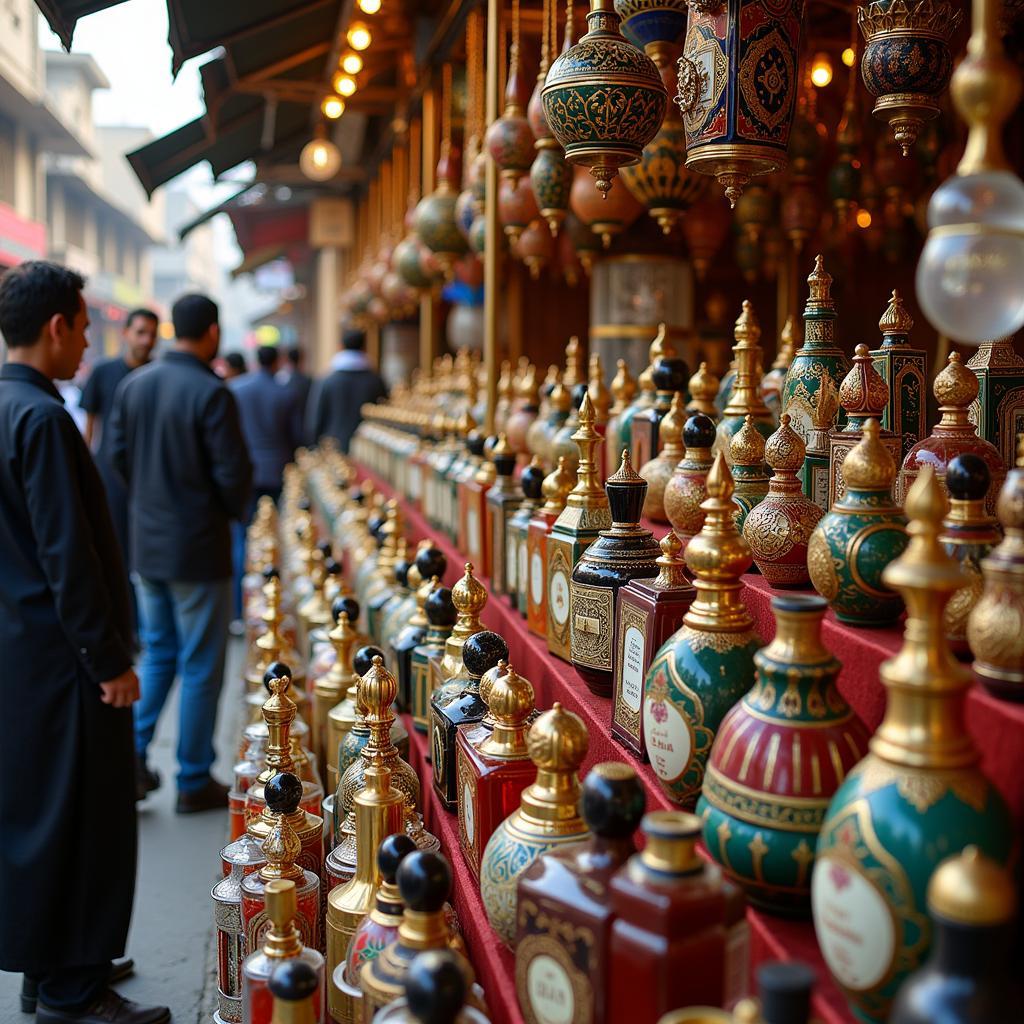 Arabic Perfumes displayed in a bustling Pakistani market