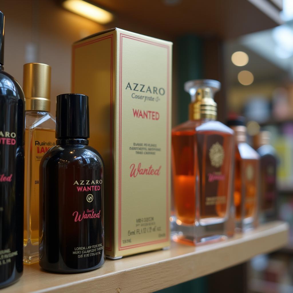 Azzaro Wanted perfume bottle displayed in a Pakistani store