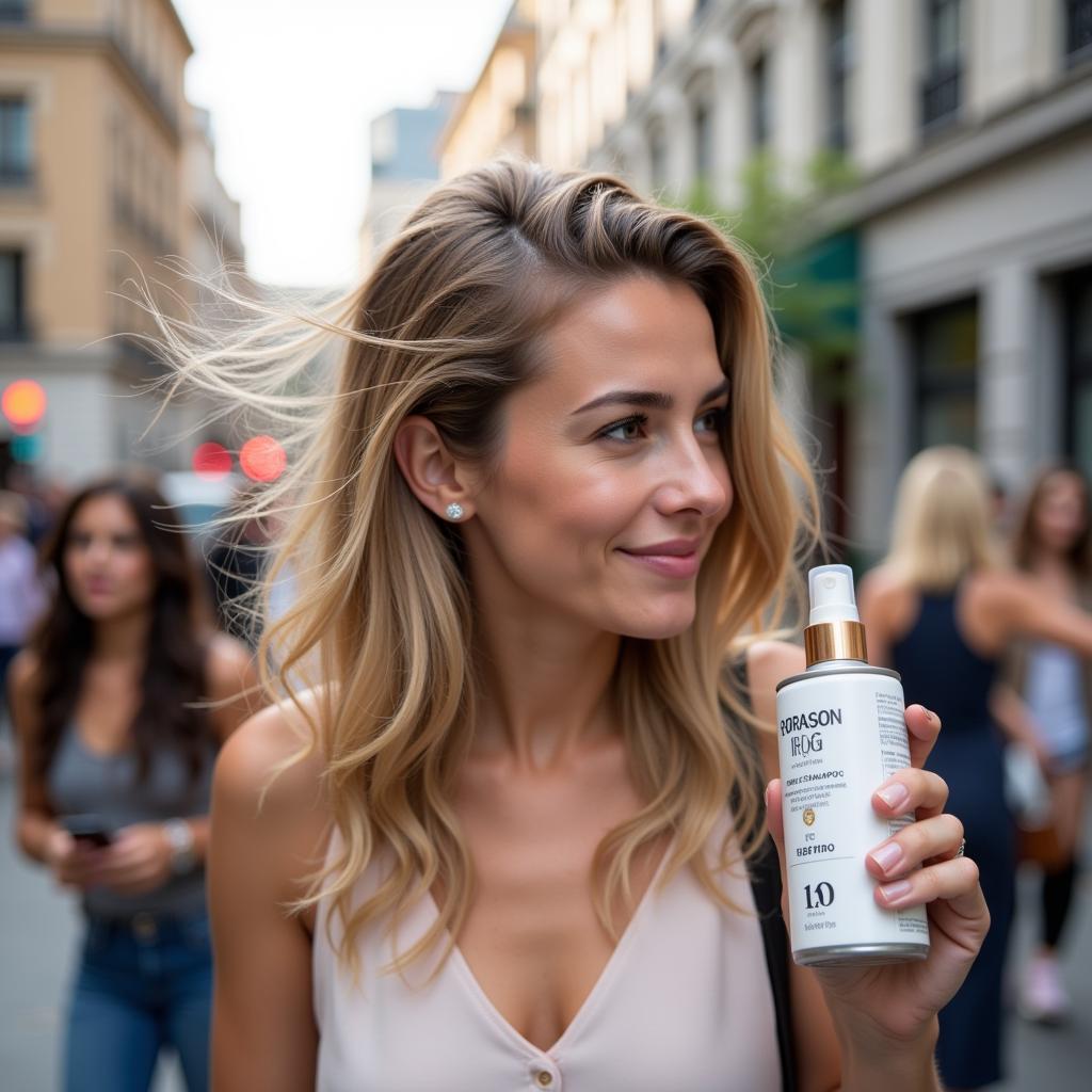 Woman spraying dry shampoo