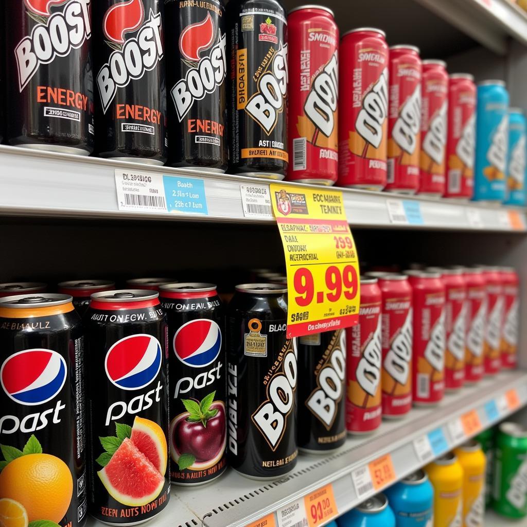 Boost Energy Drink Price in Pakistan: A photo of Boost energy drinks on a supermarket shelf in Pakistan, showing the price tag and different flavors available.