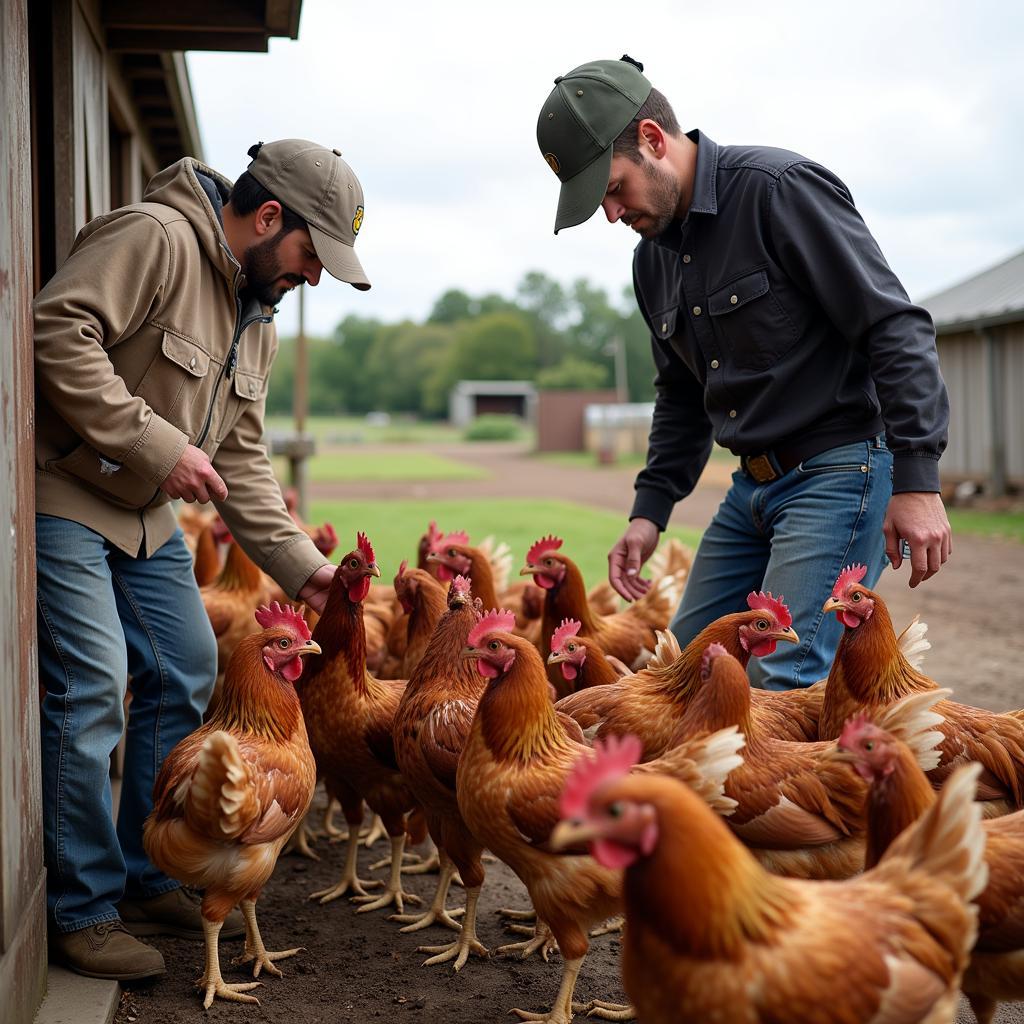 A person buying desi chicken directly from a local farmer in Pakistan.