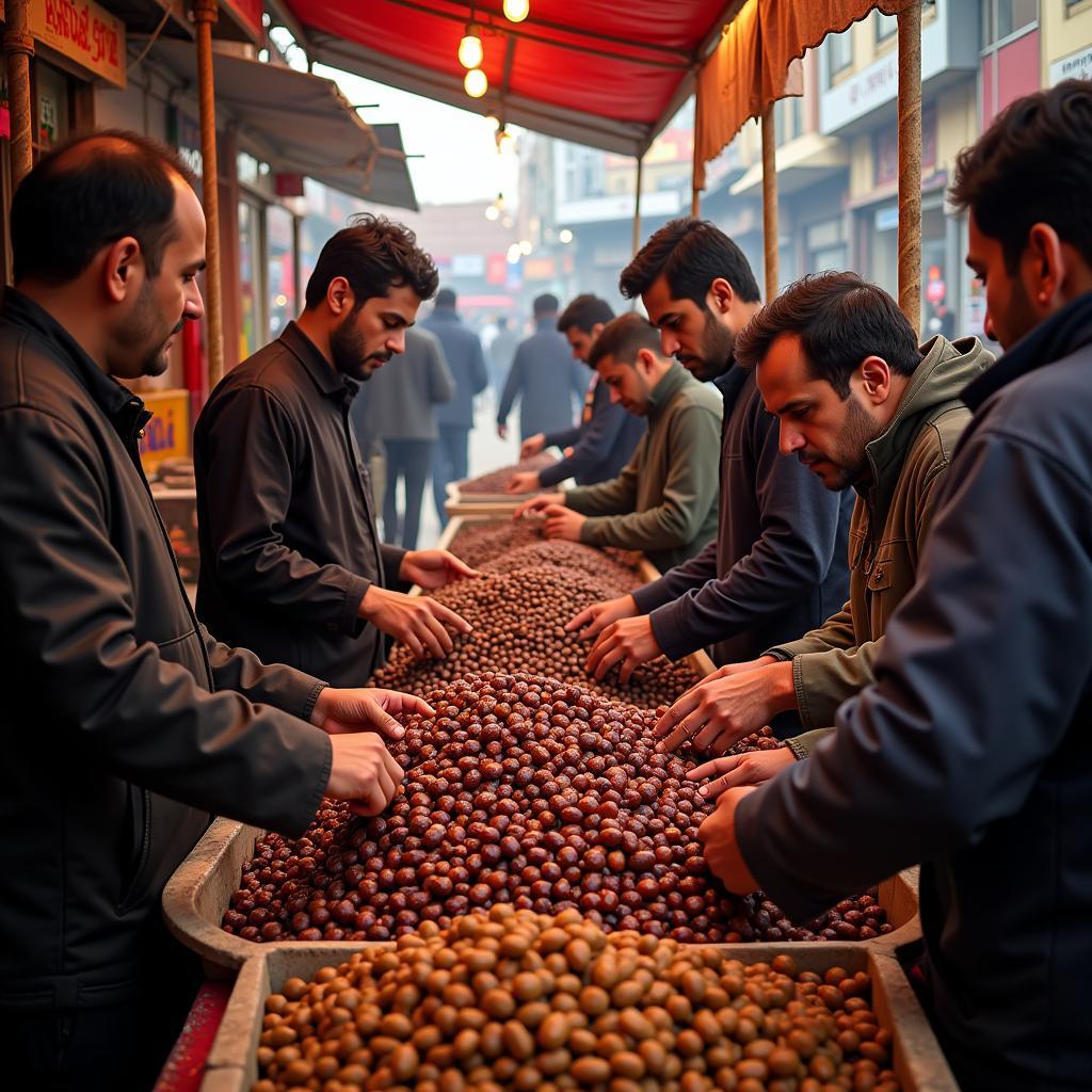 Customers buying mabroom dates at a bustling local market in Pakistan, engaging with vendors and inspecting the quality.