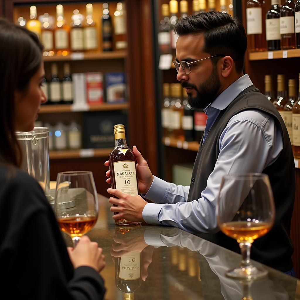 A customer buying Macallan whisky in Pakistan