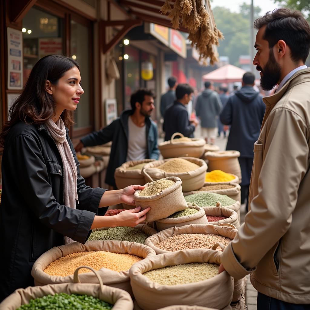 A customer buying quinoa at a Pakistani market