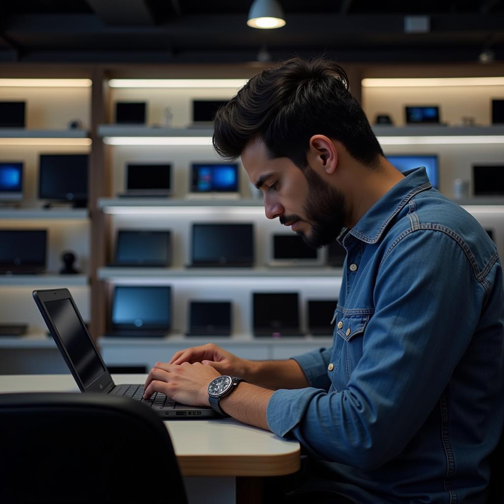 A customer examining a refurbished laptop in a store in Pakistan.