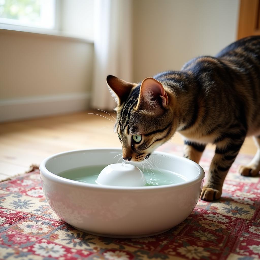 Cat happily drinking from a water fountain in a Pakistani home.